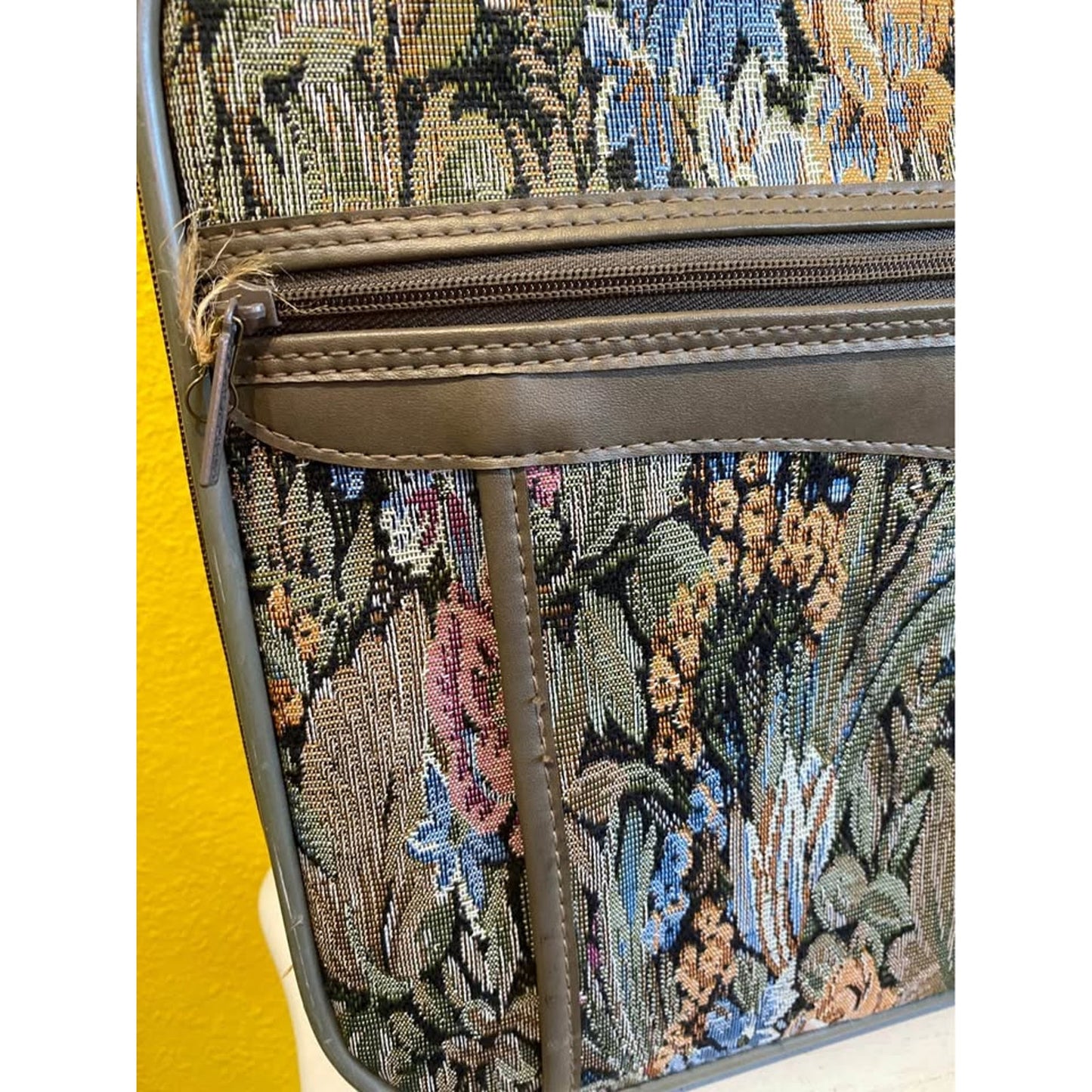 Jordache floral tapestry carry on luggage. Vintage travel suitcase