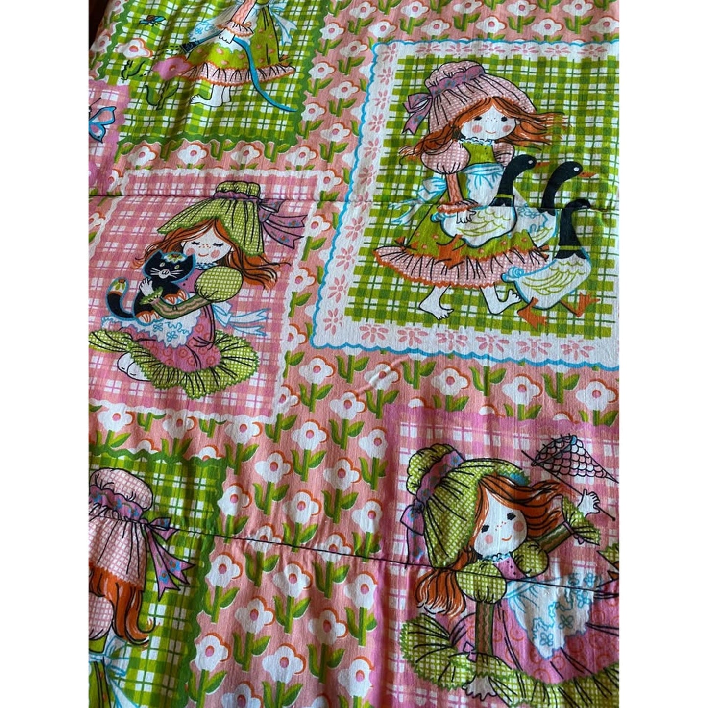 Vintage 60s Holly Hobbie Children’s sleeping Bag. Pink green patchwork
