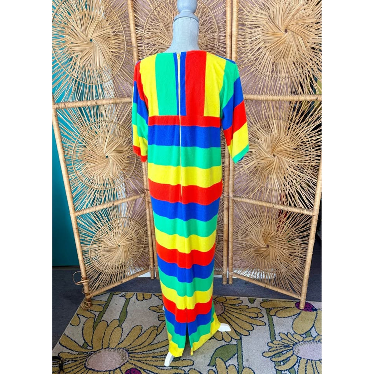 Vintage 1970s Bright Striped Terry Cloth Maxi Dress Beach Cover up Sz M-L