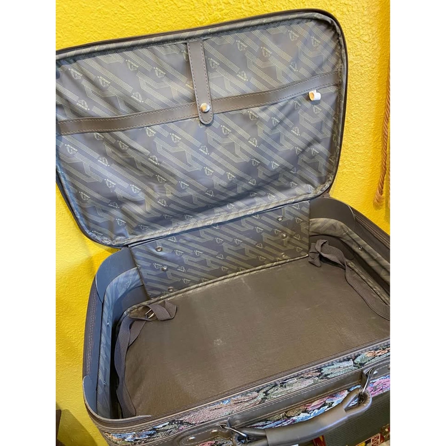 Jordache floral tapestry carry on luggage. Vintage travel suitcase