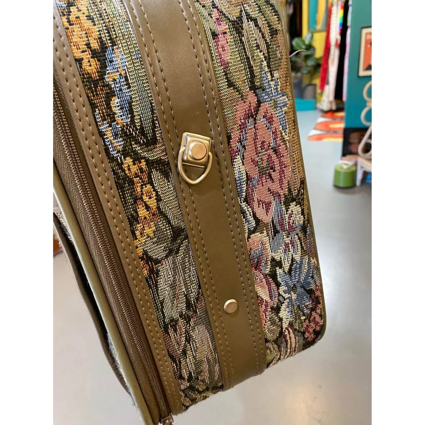 Jordache floral tapestry carry on luggage. Vintage travel suitcase