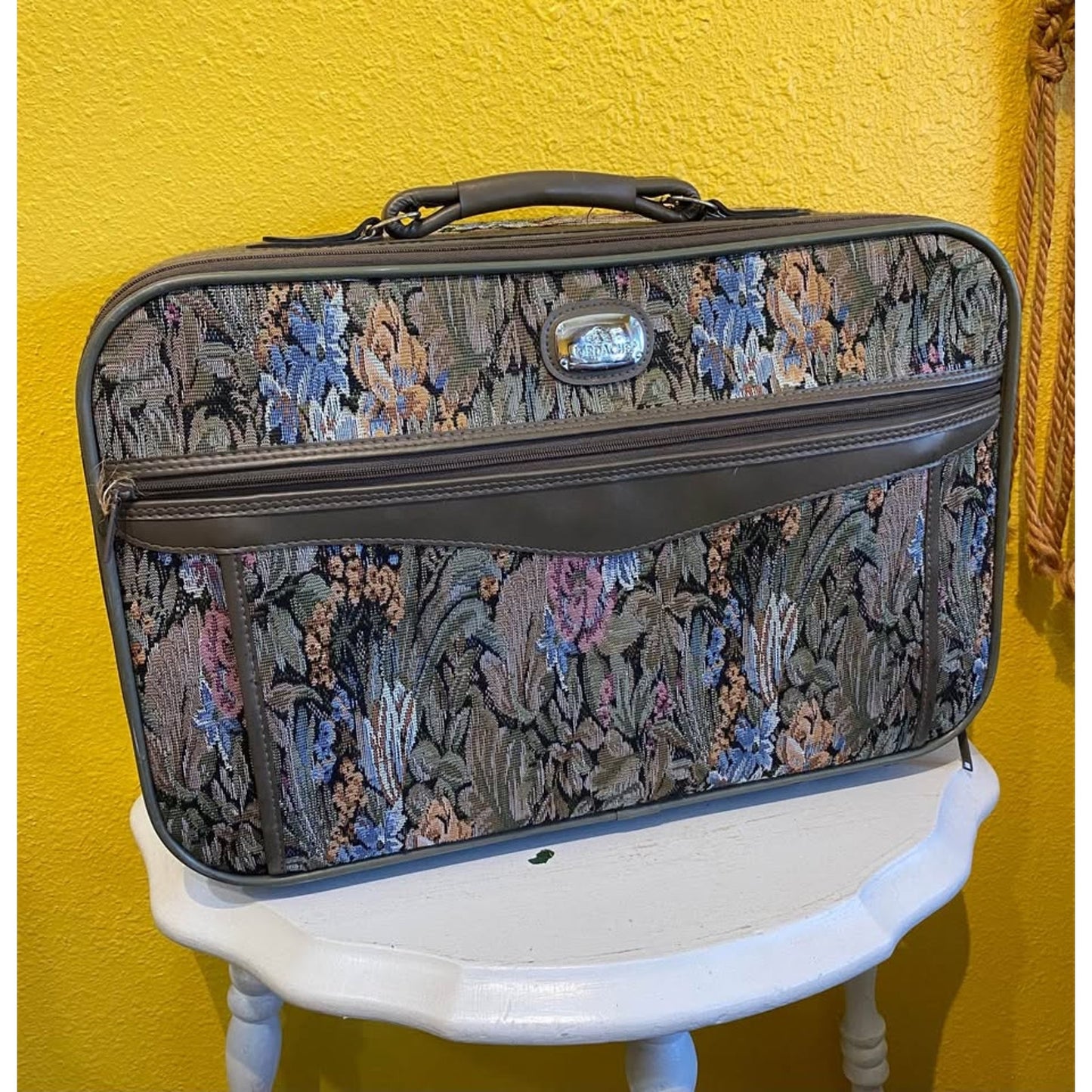 Jordache floral tapestry carry on luggage. Vintage travel suitcase