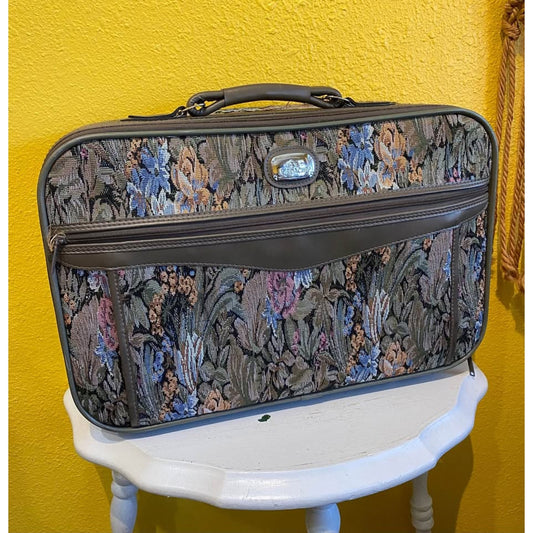 Jordache floral tapestry carry on luggage. Vintage travel suitcase