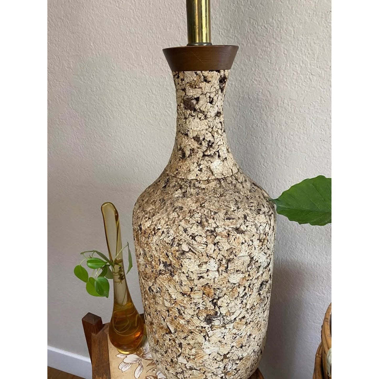 Vintage Mid Century Modern Cork Table Lamp. Wood accents mcm Home Lighting