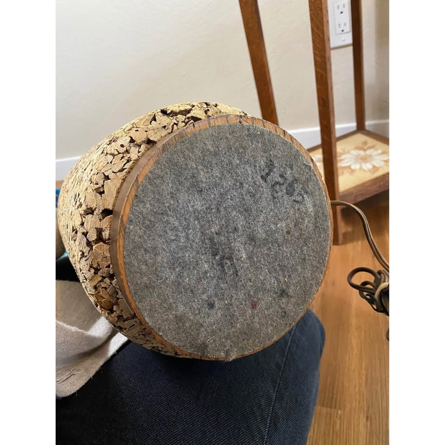Vintage Mid Century Modern Cork Table Lamp. Wood accents mcm Home Lighting