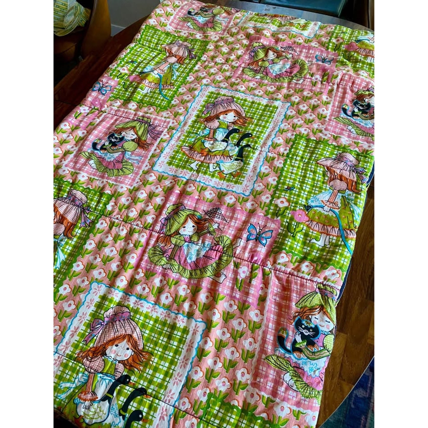 Vintage 60s Holly Hobbie Children’s sleeping Bag. Pink green patchwork