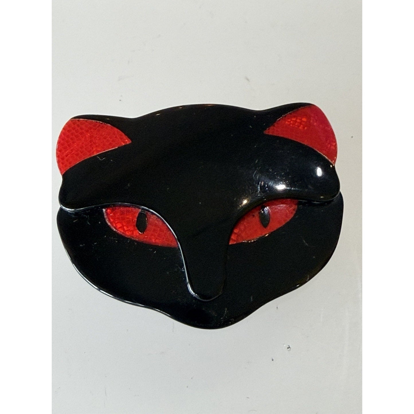 Lea Stein Paris Vintage Attila Cat Head Brooch Glossy Black Red Snake Pattern