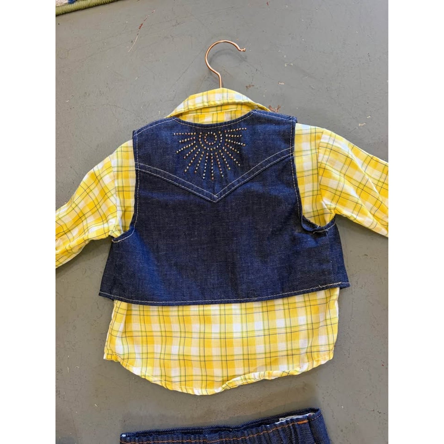 Billy the Kid Vintage Denim 3 piece clothing set. Vest pants yellow plaid shirt. Western 12mos