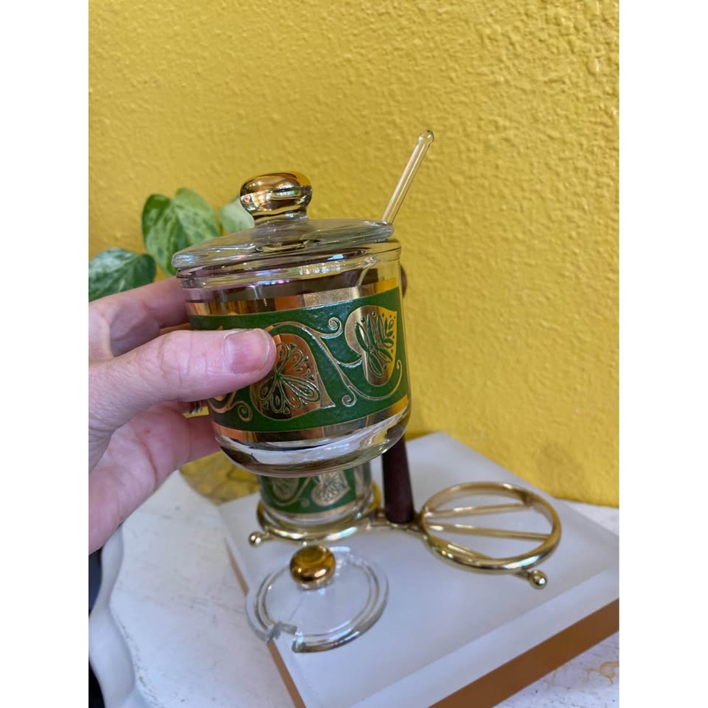 1950s Culver Gold and Green Leaf Glass Condiment Jar set