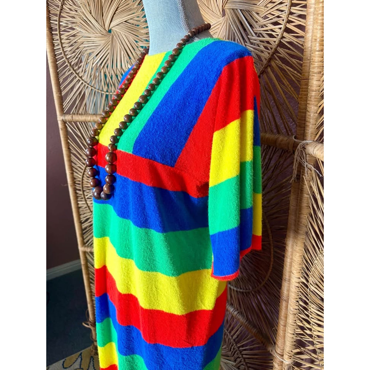 Vintage 1970s Bright Striped Terry Cloth Maxi Dress Beach Cover up Sz M-L