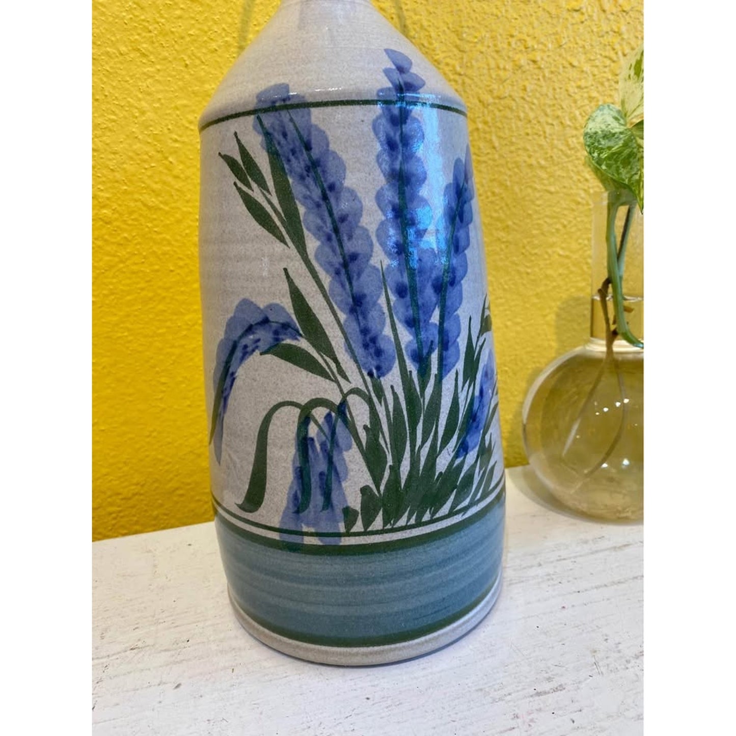 Beautiful Handmade Pottery Table Lamp with Floral Detail Lavender Flowers