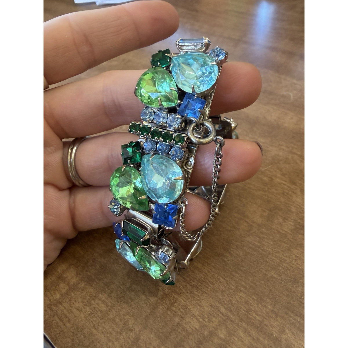 Vintage Large Green And Blue Rhinestone Bracelet. Silver Tone Safety Clasp