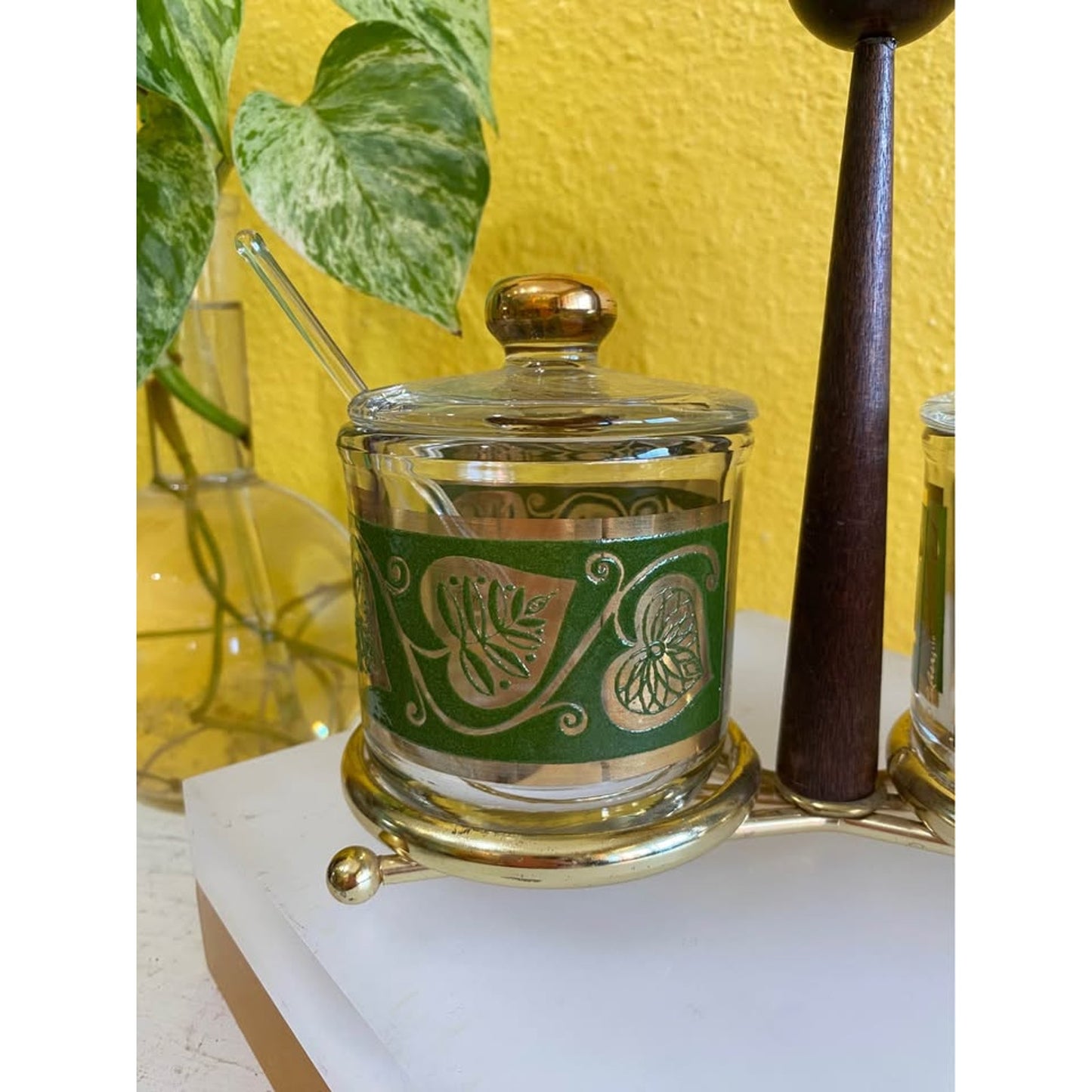 1950s Culver Gold and Green Leaf Glass Condiment Jar set