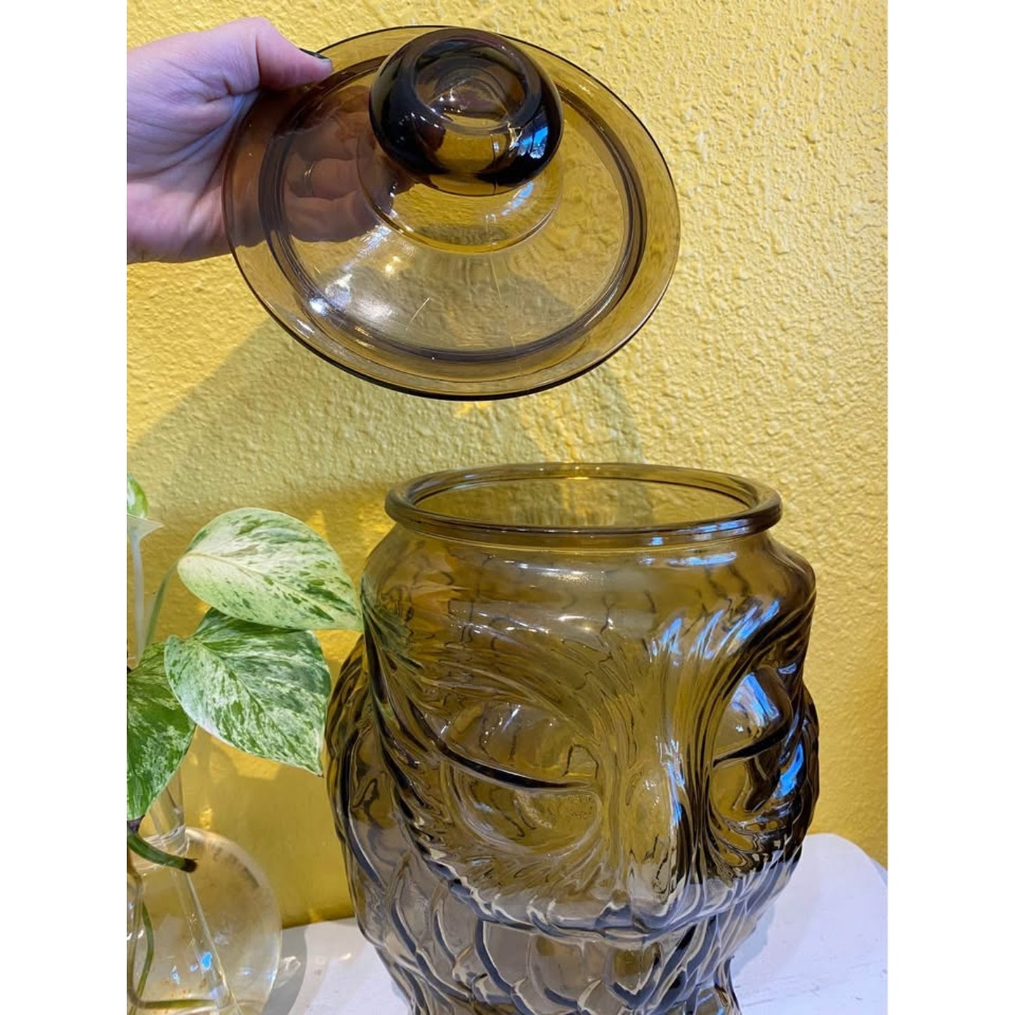 Vintage Libbey Smoke Glass Large Owl Cookie Jar with Lid