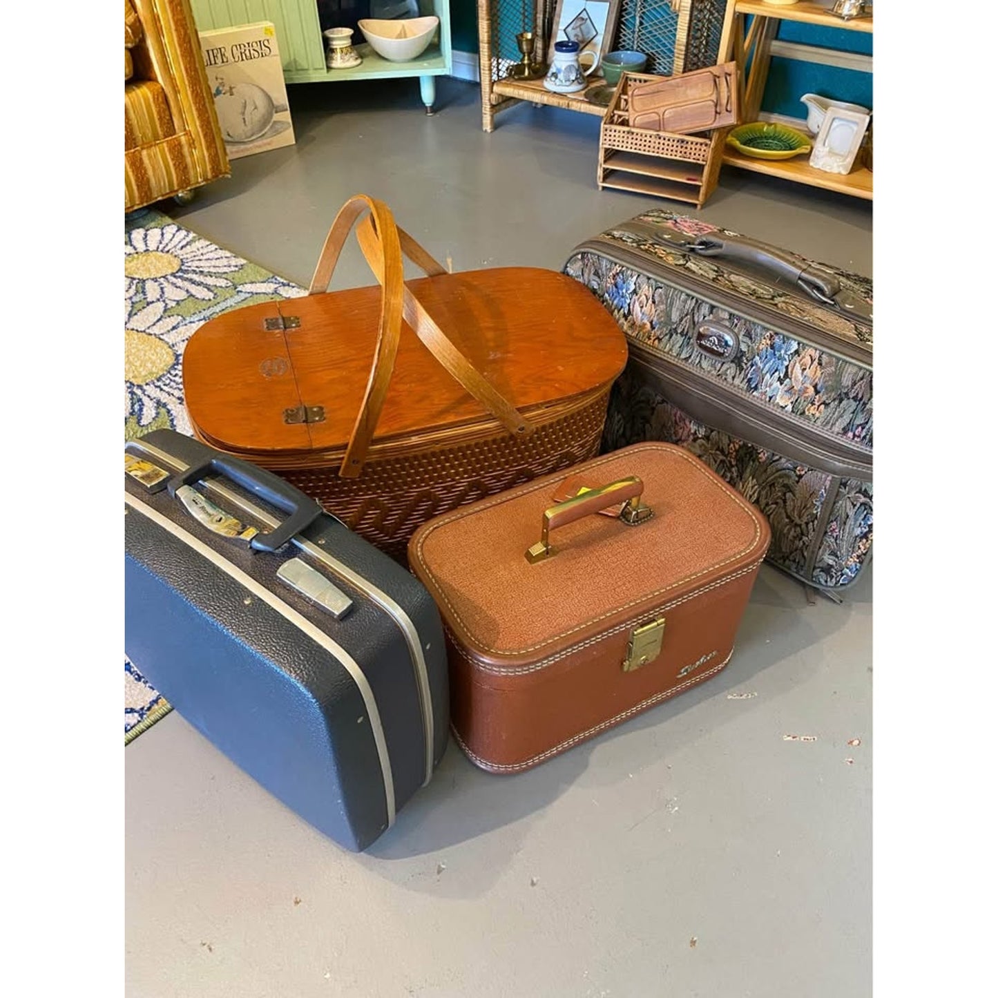 Jordache floral tapestry carry on luggage. Vintage travel suitcase