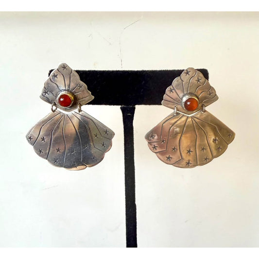 Vintage Sterling Silver Drop Earrings with Carnelian and Etched Star Detail