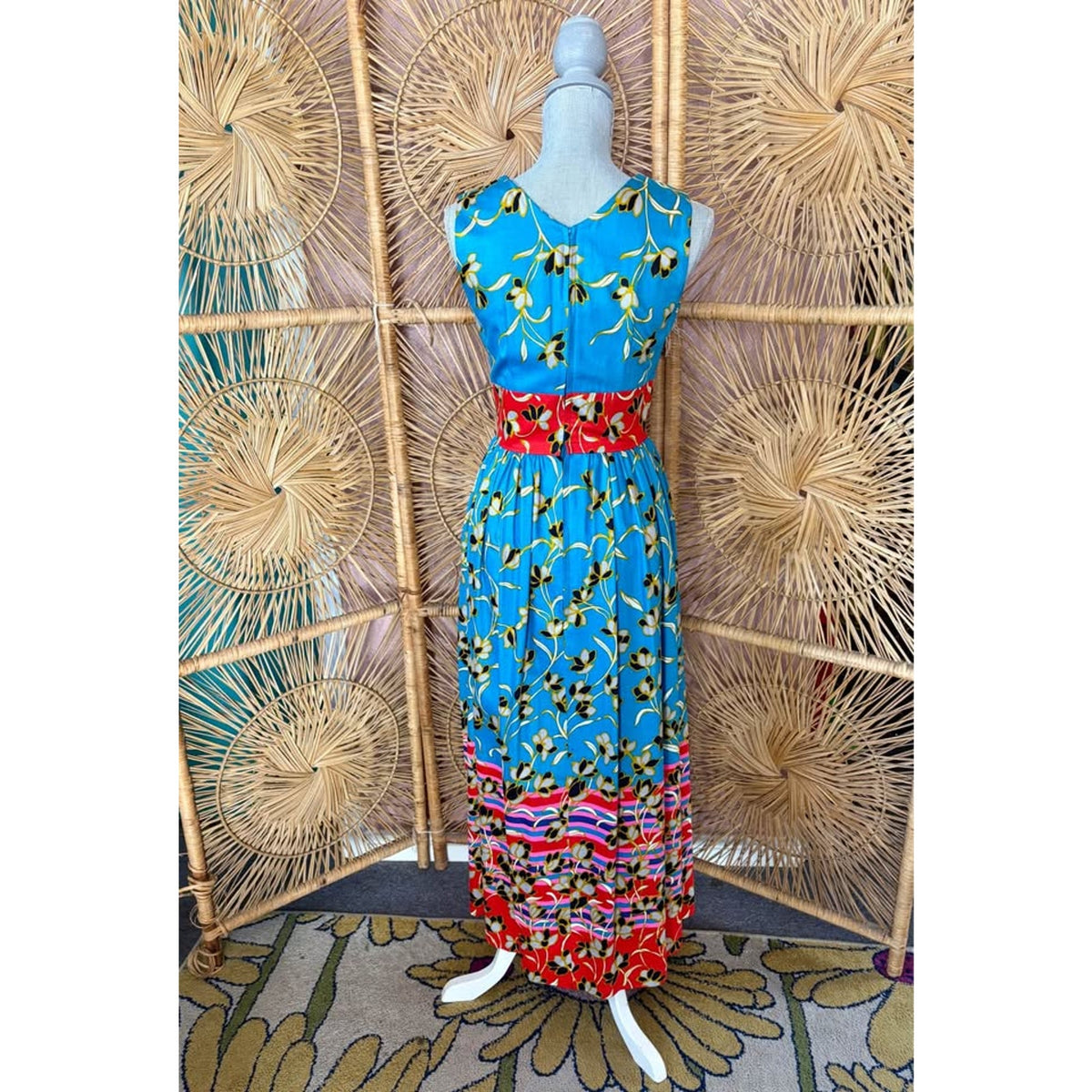1970s Vibrant Multi Color Sleeveless Maxi Dress. Hawaiian Florals XS