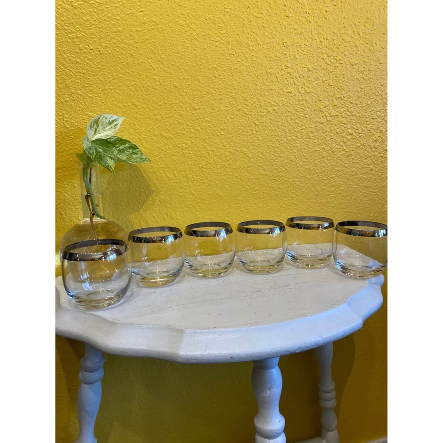 Vintage Mid Century Modern Chrome Edge Short Roly Poly Glasses set 6. Vintage barware