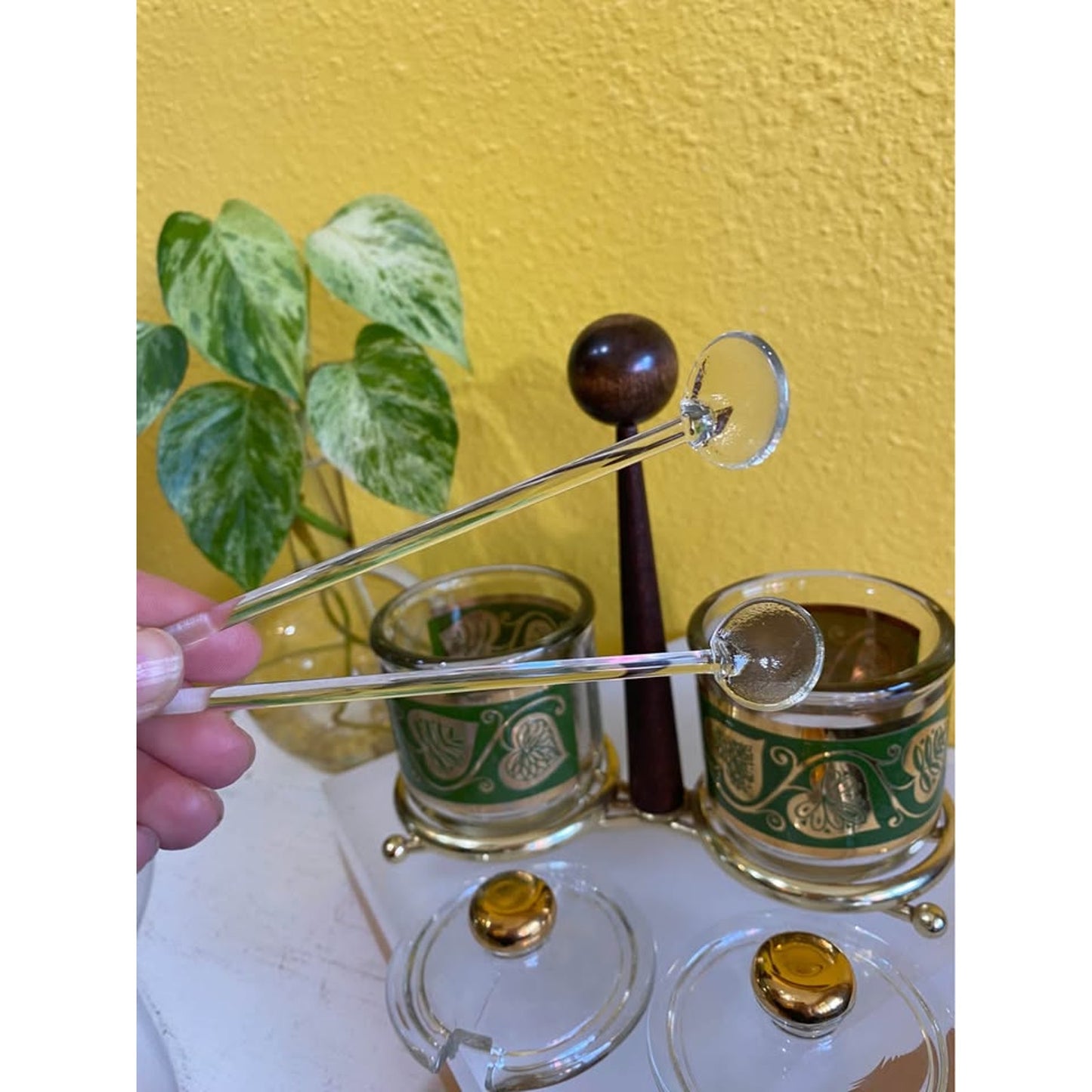 1950s Culver Gold and Green Leaf Glass Condiment Jar set