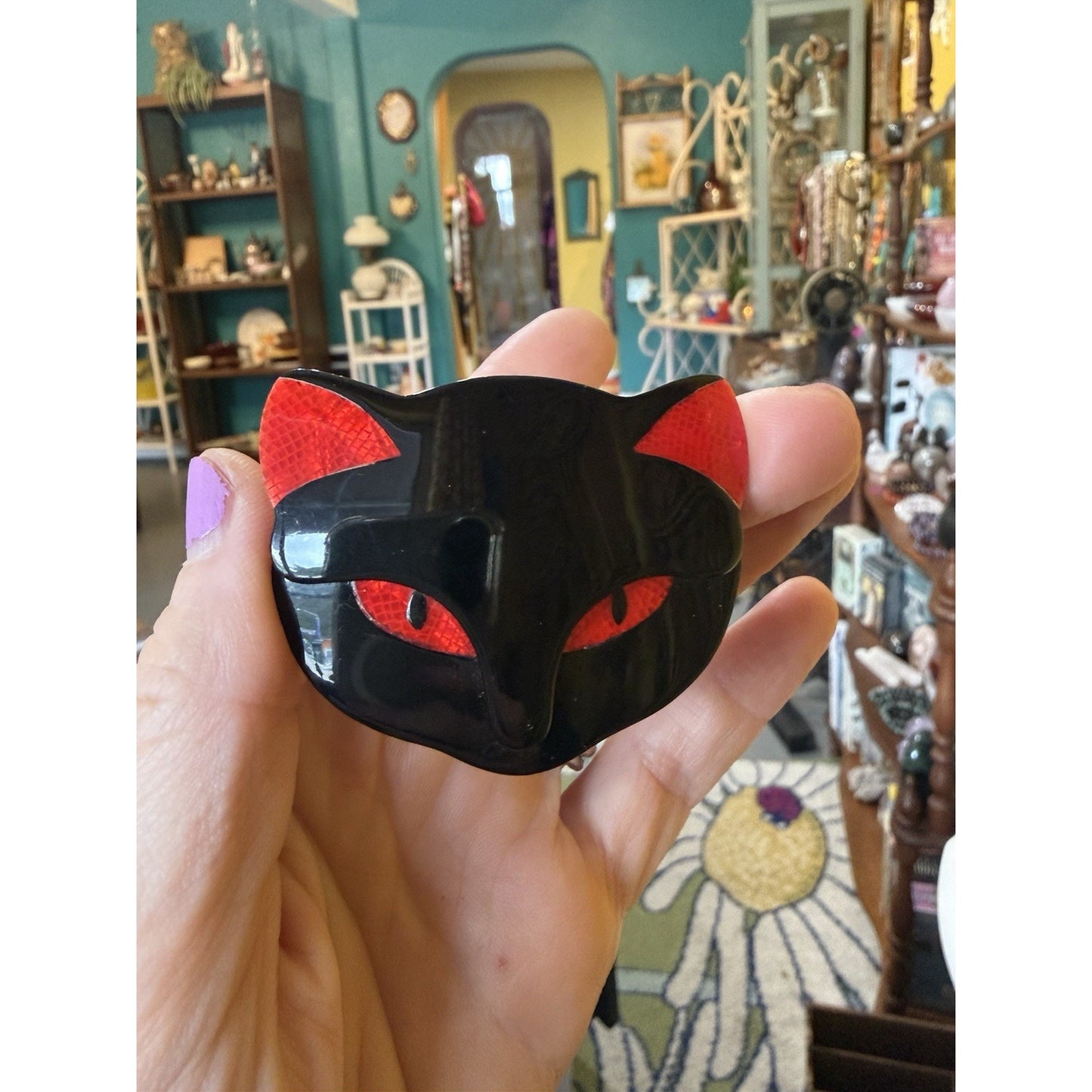 Lea Stein Paris Vintage Attila Cat Head Brooch Glossy Black Red Snake Pattern