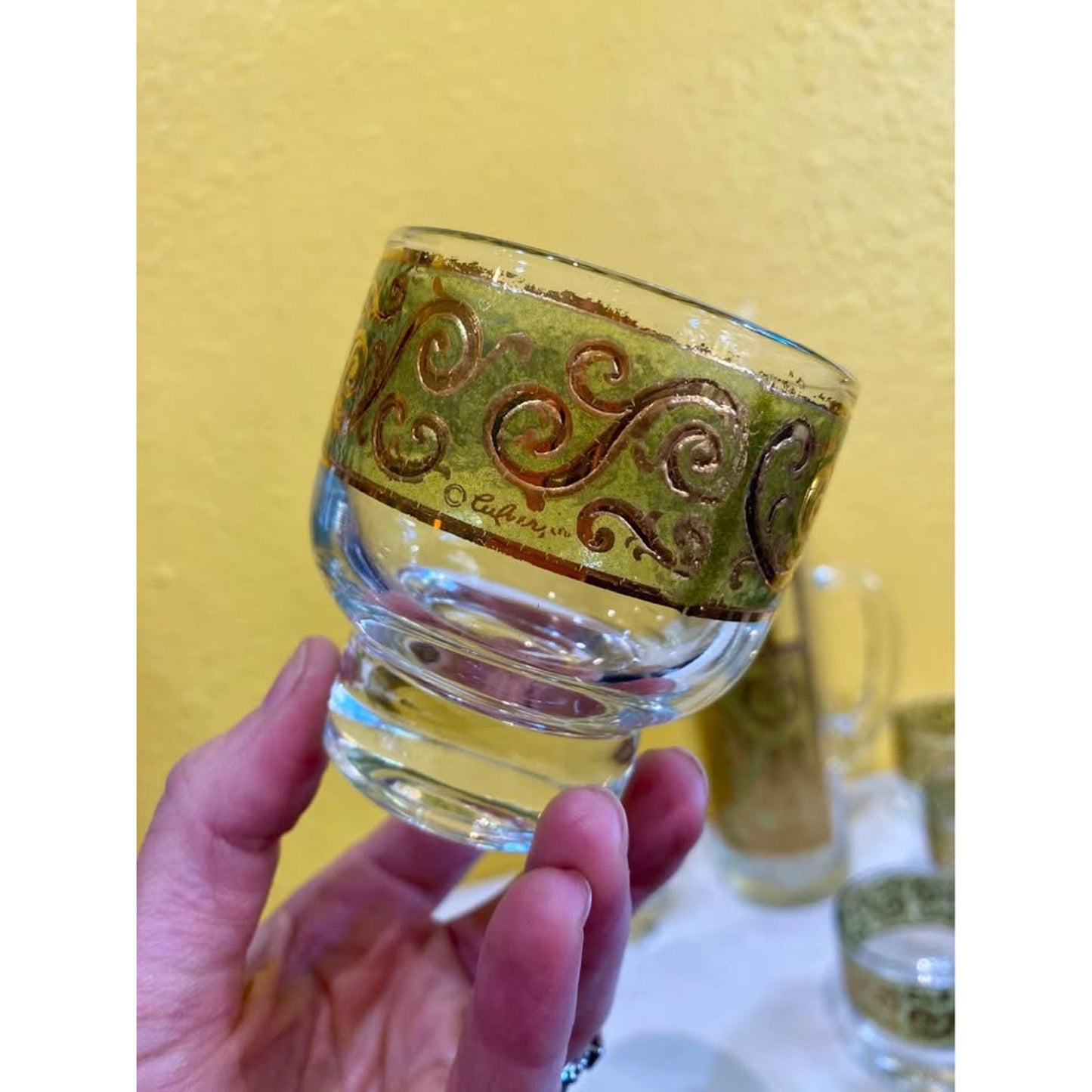 Vintage MCM Barware Culver 24k Set Cocktail Pitcher and Small Glasses. Gold Green Paisley Toledo