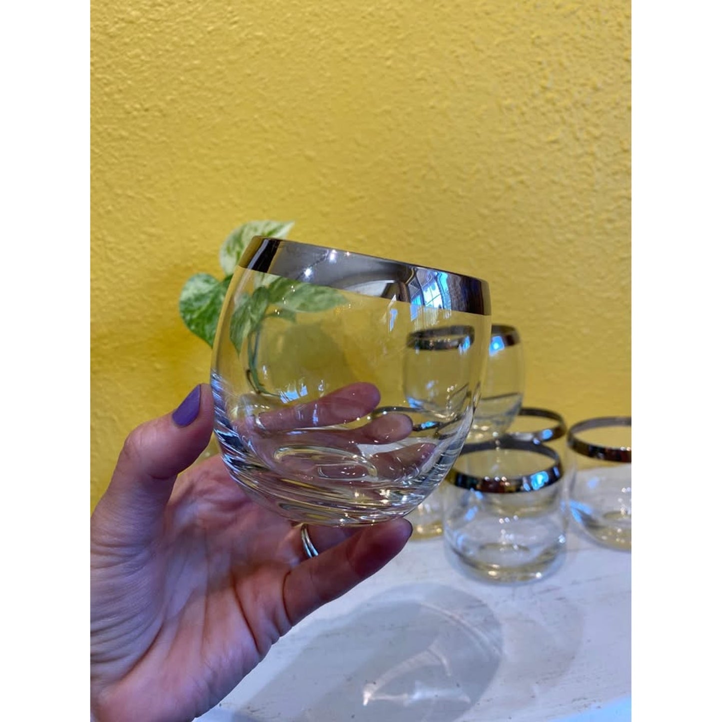 Vintage Mid Century Modern Chrome Edge Short Roly Poly Glasses set 6. Vintage barware