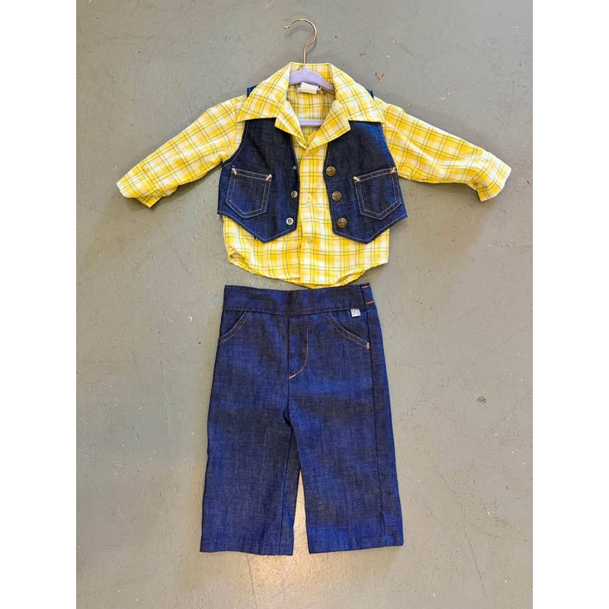 Billy the Kid Vintage Denim 3 piece clothing set. Vest pants yellow plaid shirt. Western 12mos