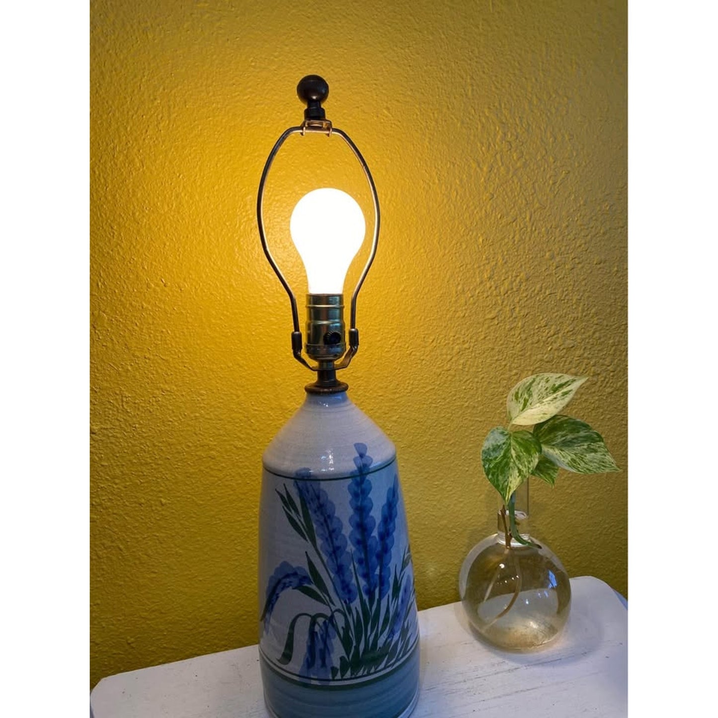 Beautiful Handmade Pottery Table Lamp with Floral Detail Lavender Flowers