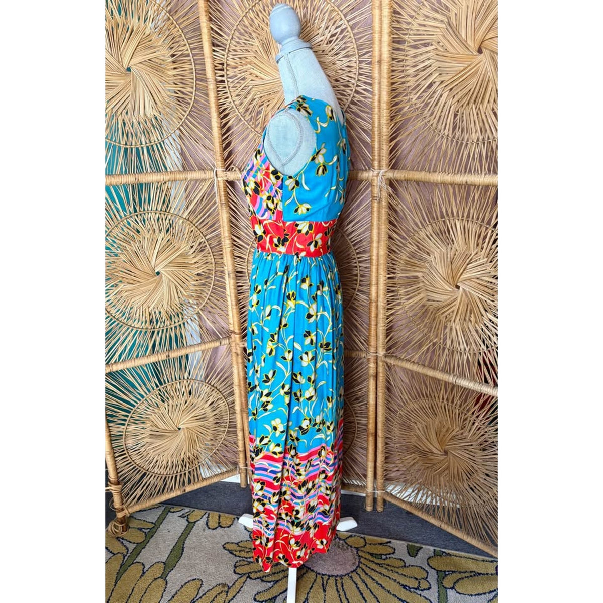 1970s Vibrant Multi Color Sleeveless Maxi Dress. Hawaiian Florals XS