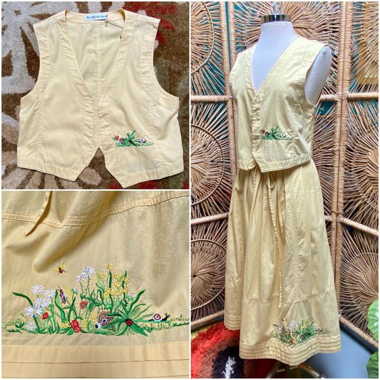 Vintage Yellow Tofana Vest and Skirt Set with Embroidered Forest Animals. Cottage Core